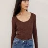 Itana Long Sleeve Scallop Knit Tee - Black Brown