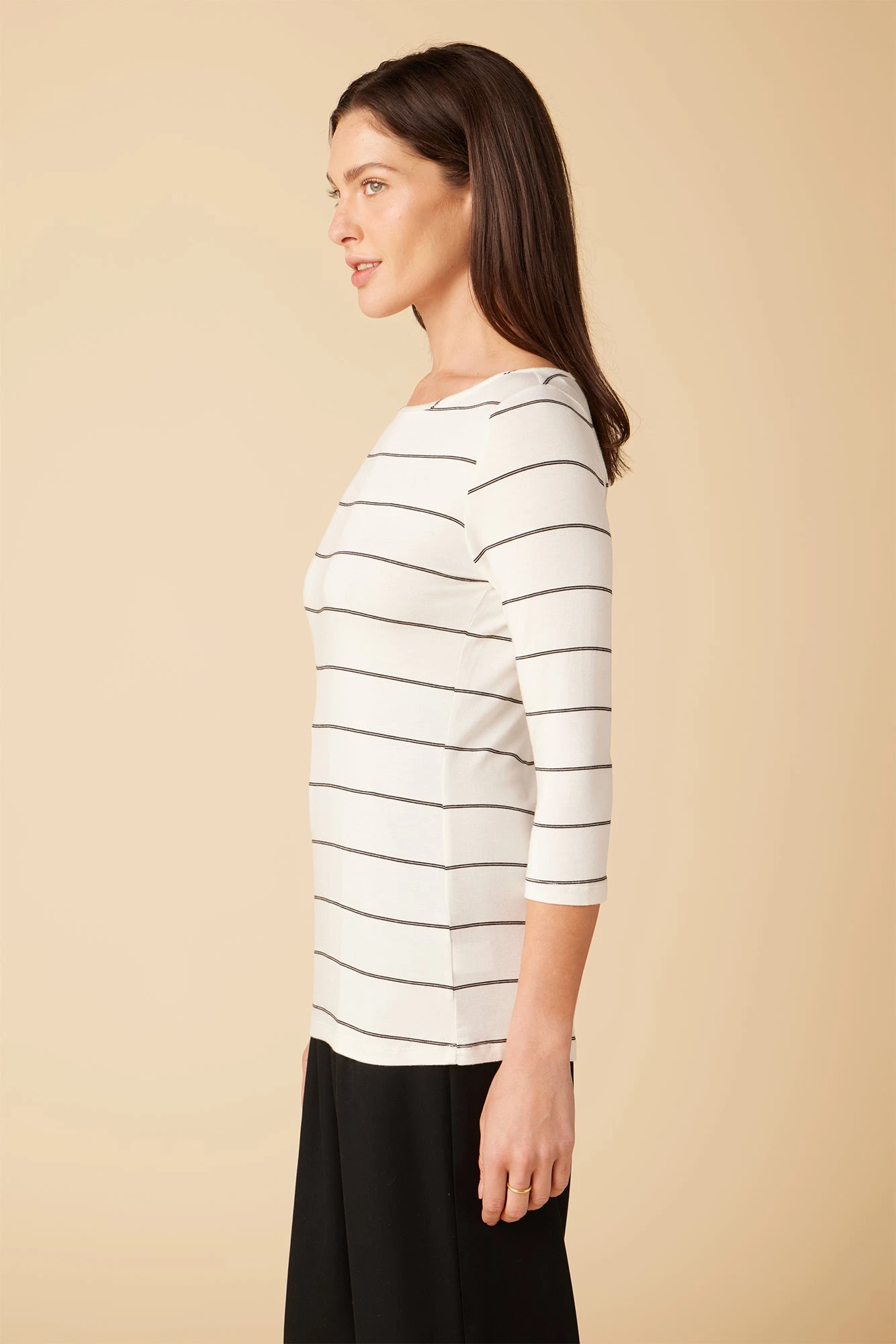 Francoise 3/4 Sleeve Dream Knit Tee - White Havana Stripe - Image 2