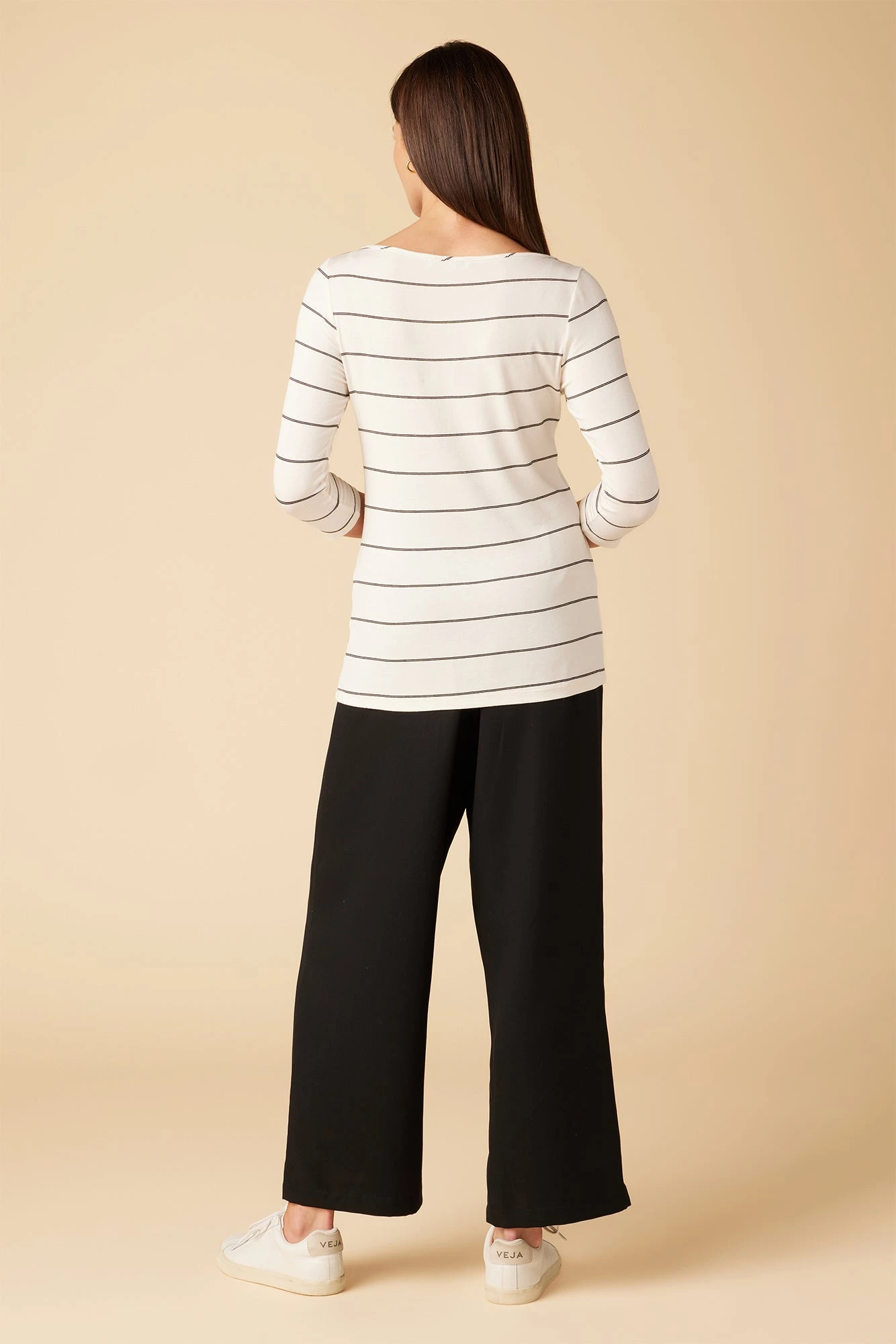 Francoise 3/4 Sleeve Dream Knit Tee - White Havana Stripe - Image 3