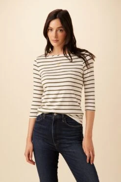 Francoise 3/4 Sleeve Dream Knit Tee - Ivory Vine Stripe
