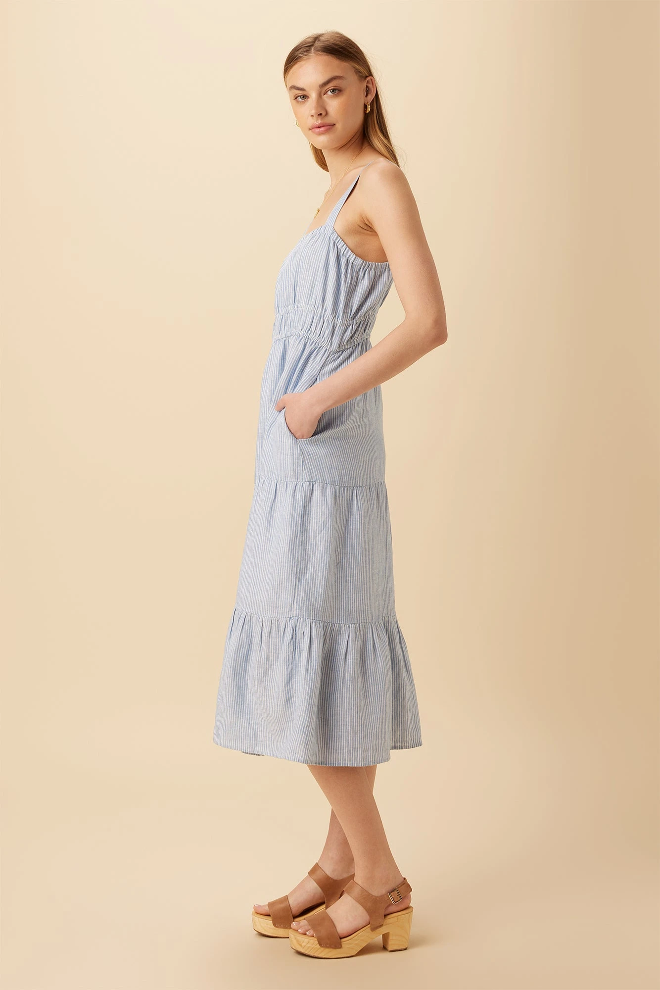 Elio Linen Midi Dress - Blue Natural Stripe - Image 2