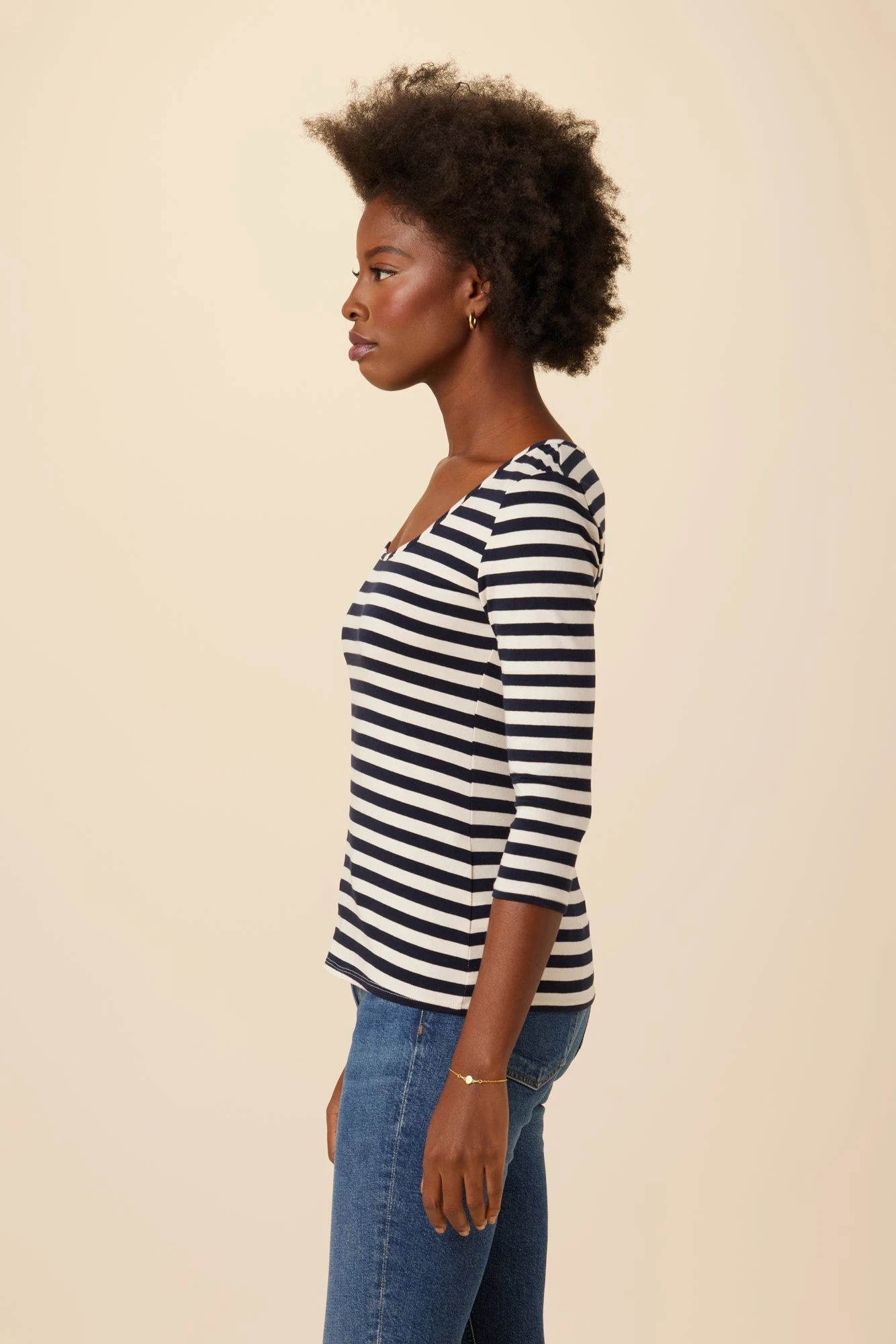 Cara 3/4 Sleeve Reverie Knit Tee - Navy And Ivory Stripe - Image 2