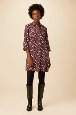 Gloria Washable Silk Dress - Pebble Dot Plum
