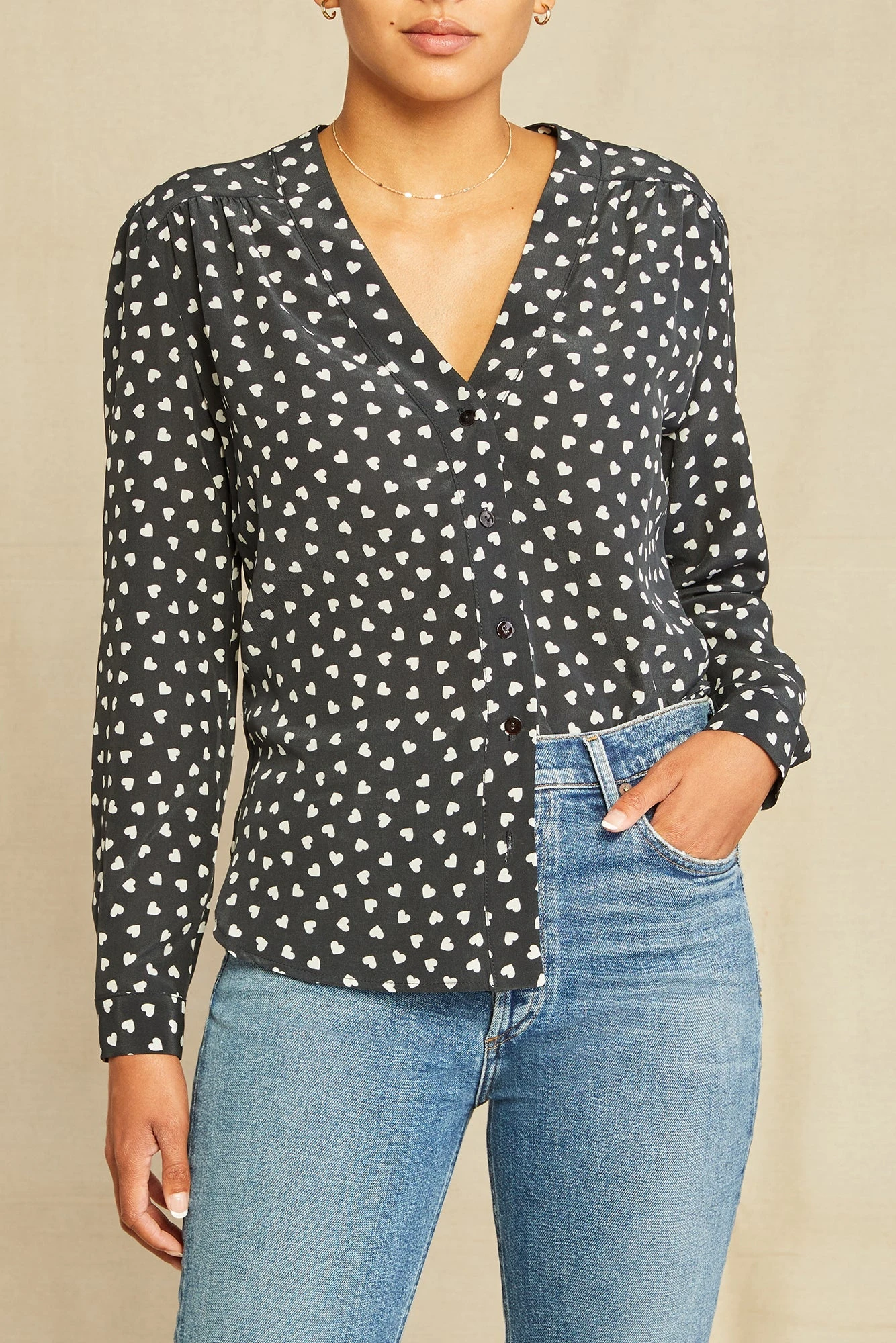Kaya Washable Silk Blouse - Heart Black Ivory Print